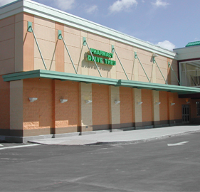 green suspended aluminum canopies on the side of a Publix