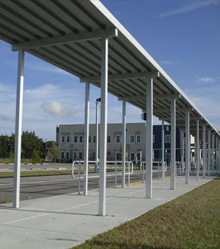 long aluminum walkway by bus loop