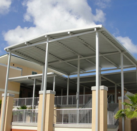 high positioned aluminum canopy over stairs