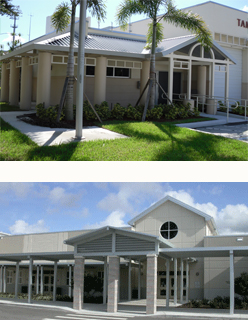 slanted aluminum walkway with pitched roof